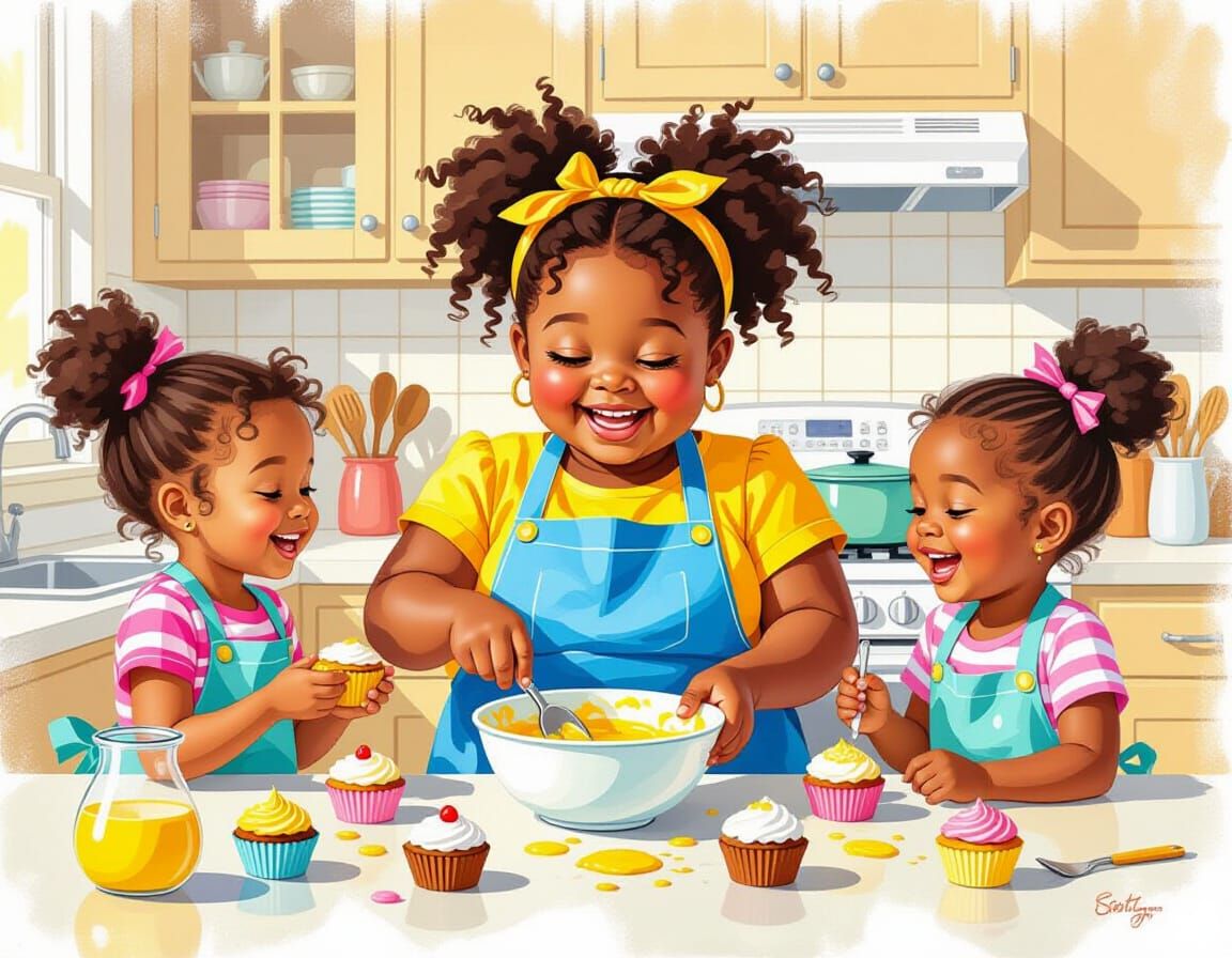 Joyful Black Girl Baking Cupcakes With Friends in Kitchen