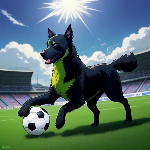A kelpie dog playing with a brightly coloured soccer ball