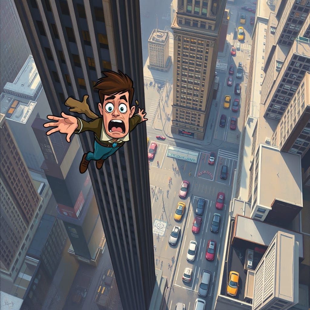 Desperate Fall: A Cartoon Portrait in Oil Painting Style