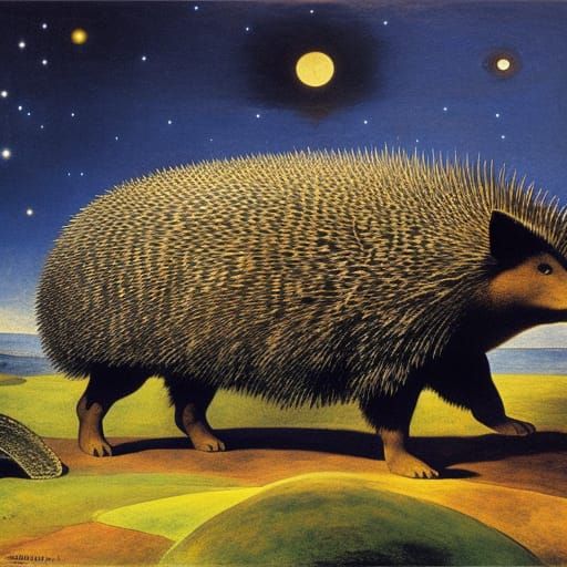 Knight and Hedgehog Under Starry Sky: Romanticism