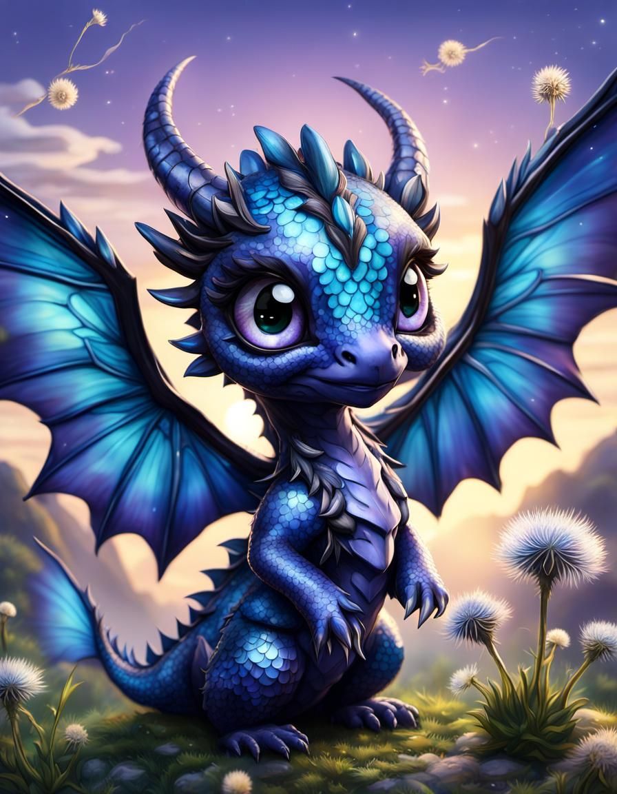 Hopeful Chibi Dragon with Dandelion in Whimsy Gothic Style