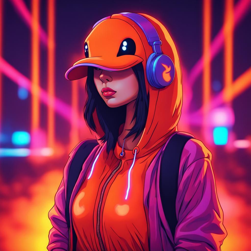 Girl Dressed as Charmander in Synthwave Neon Style