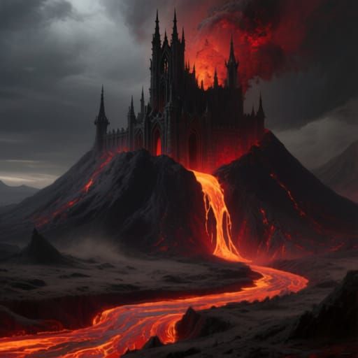 Epic Dark Fantasy Volcanic Fortress Erupting