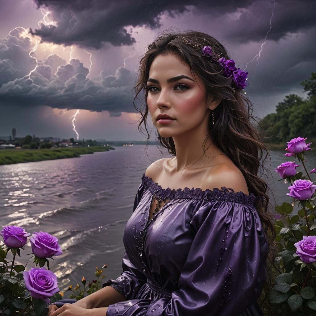 Nostalgic Woman by Riverbank with Stormy Sky