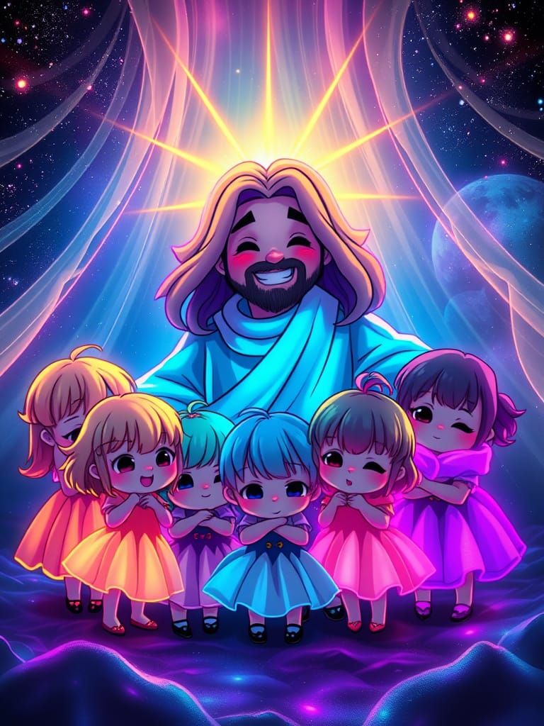 Neon Cosmic Chibi Children Under Jesus Figure