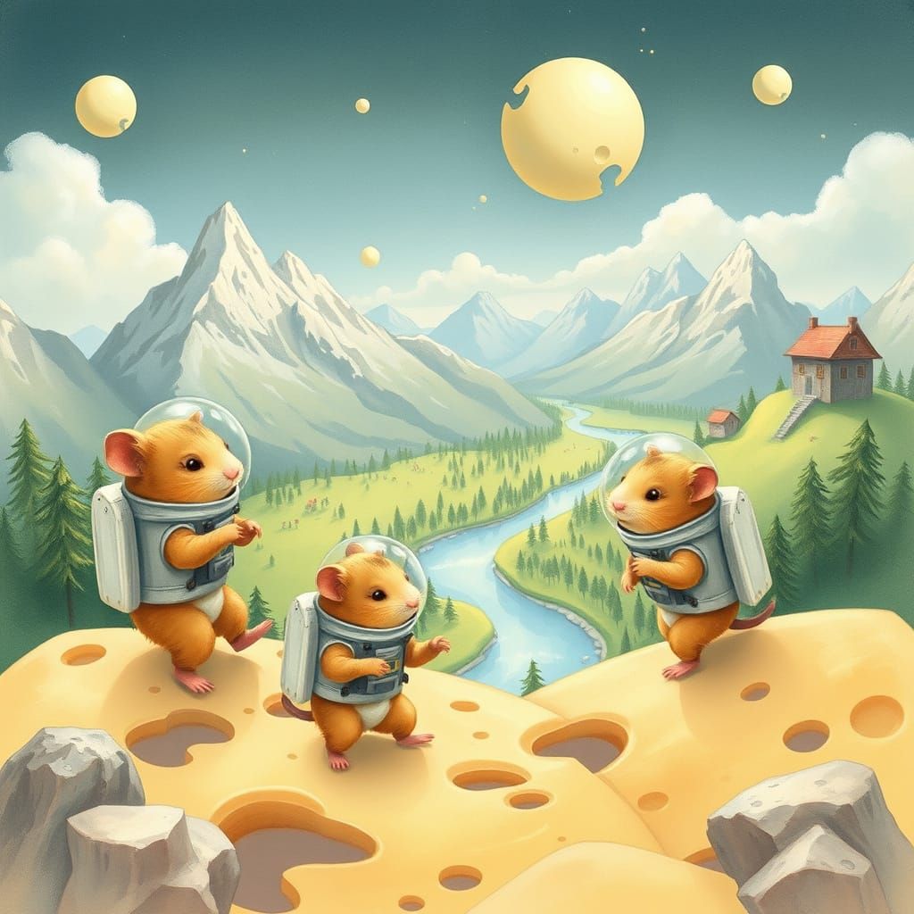Hamster Astronauts Discover Cheese Planet in Watercolor Styl...