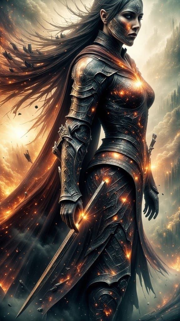 Hyperrealistic Female Warrior on Chaotic Battlefield