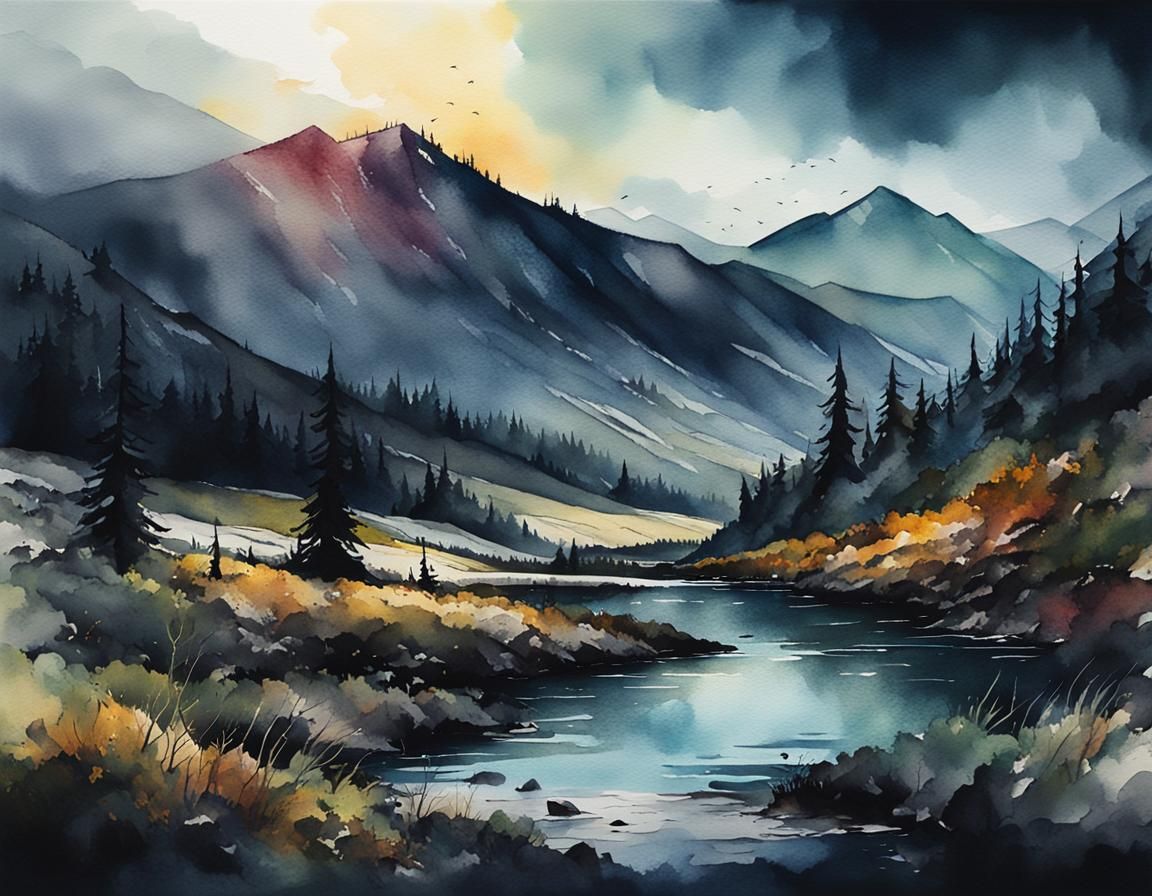Moody Transylvania Landscape in Watercolor Style