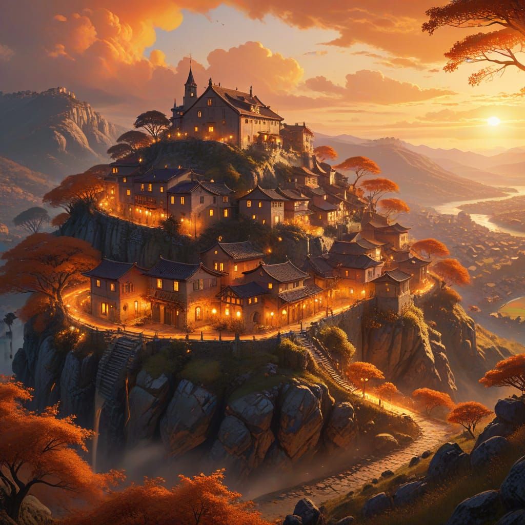 Fantastical Anime City at Golden Hour