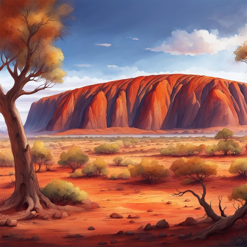 Vibrant Nighttime Ayers Rock Watercolour Landscape