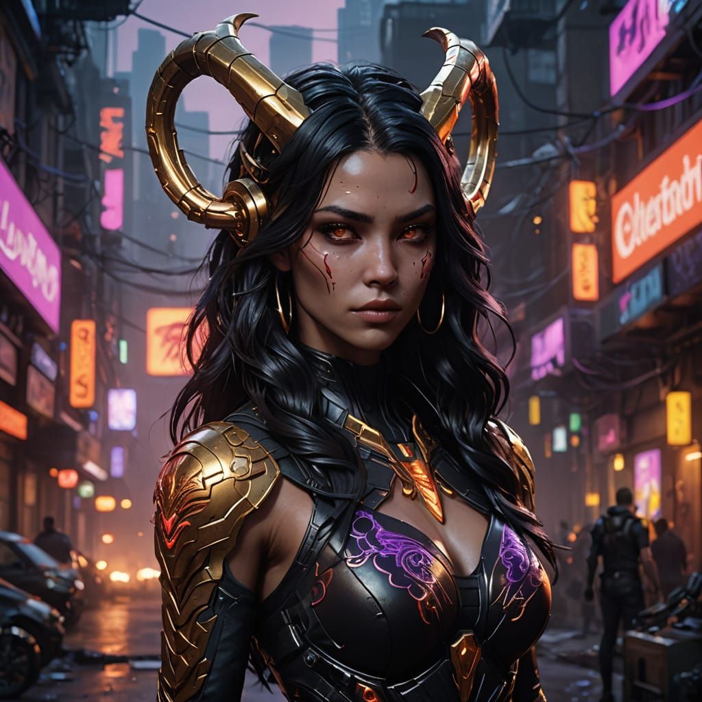 Cyberpunk Goddess Emanates Fiery Aura in Dystopian Cityscape