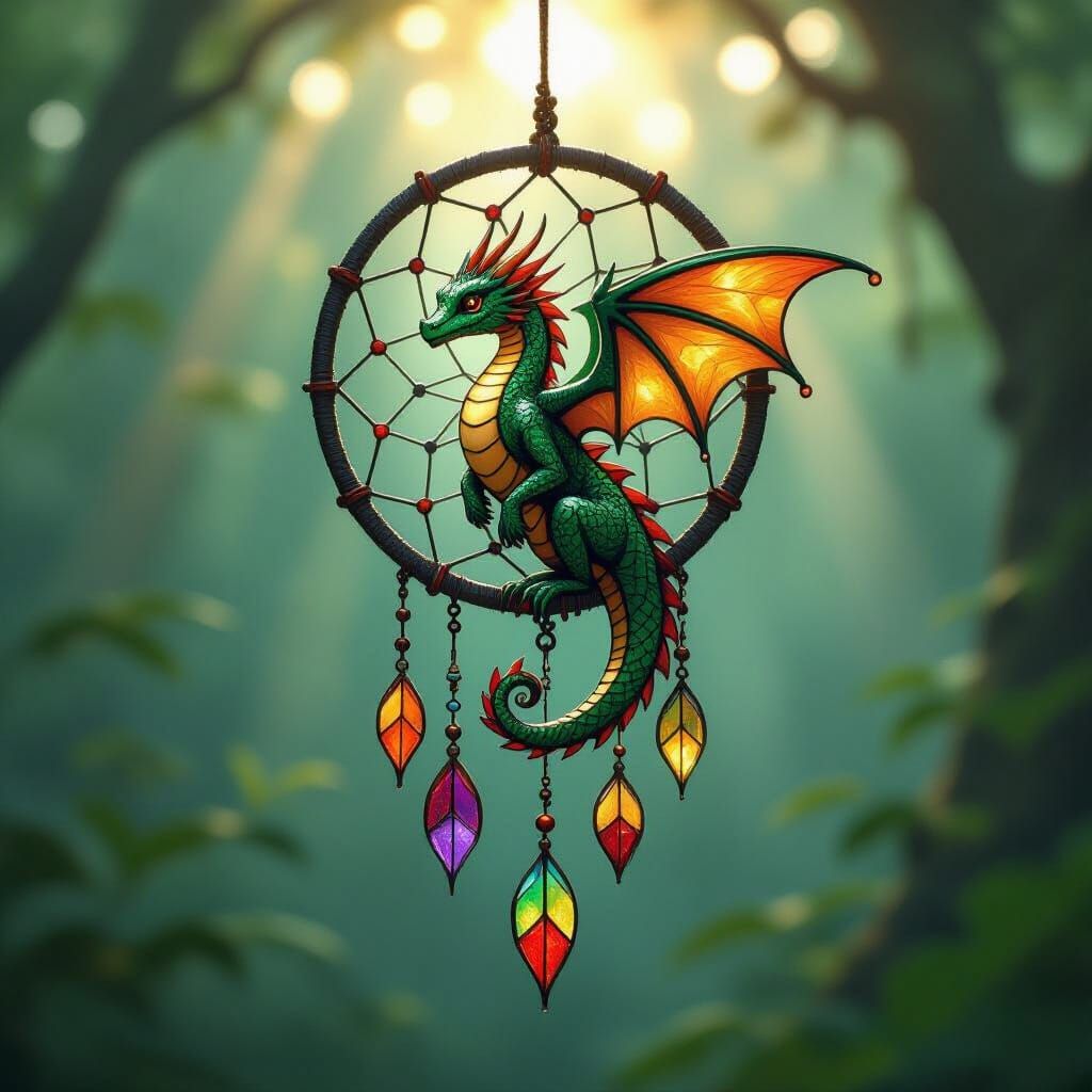 Stained Glass Dragon Dream Catcher in Art Nouveau Style
