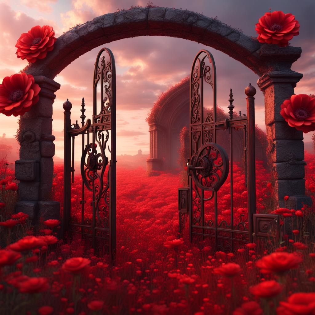 Red Key in Flower Field Leading to Hell
