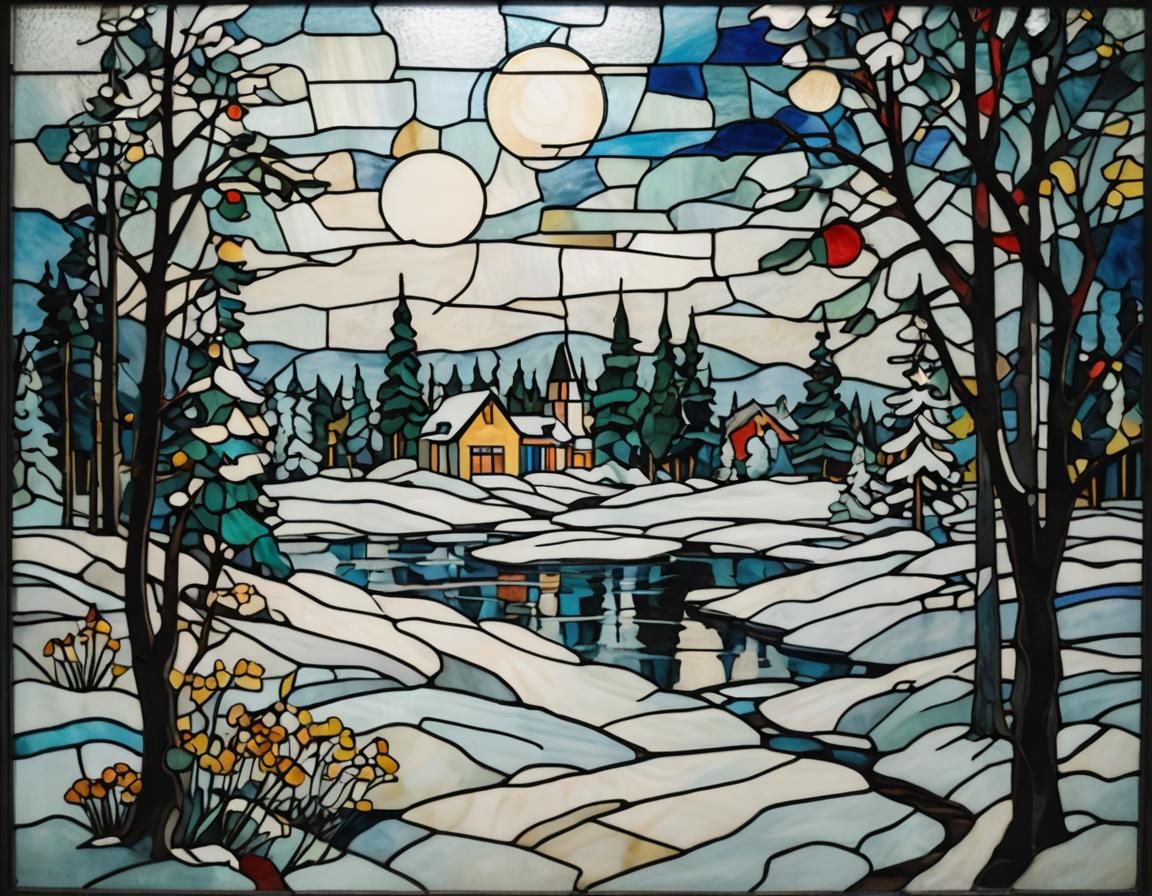 Winter Landscape in Stained Glass Style