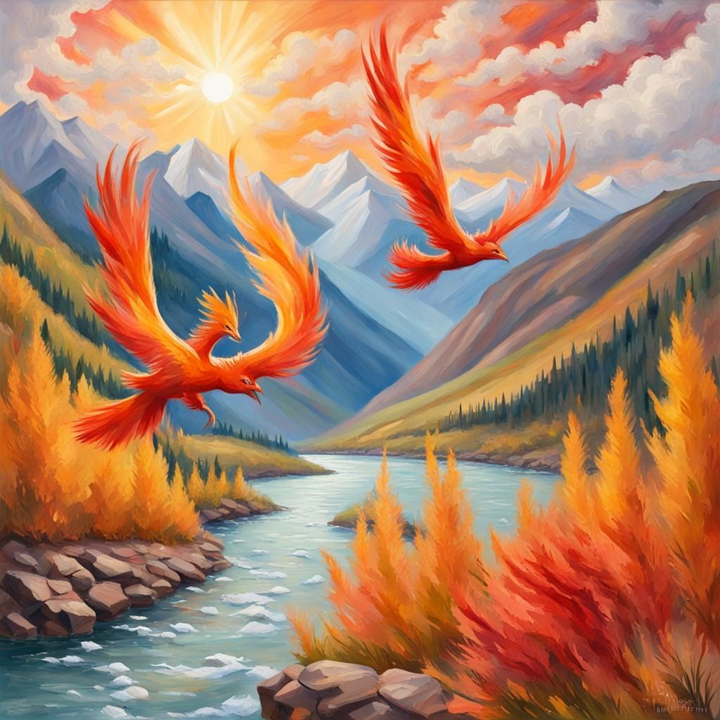 Moltres in Gouache Style Flies Past Mountains