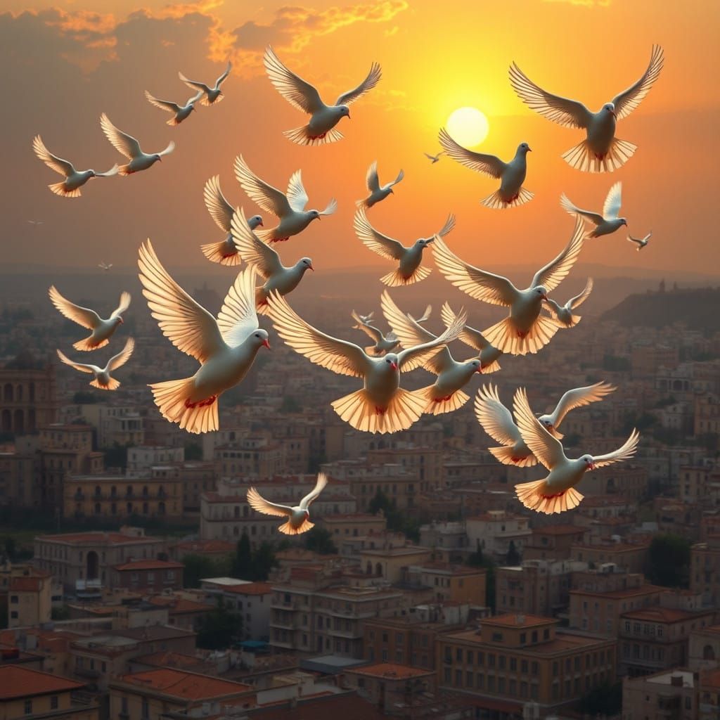 Christian Doves Soar Above Damascus in Sunset Glory