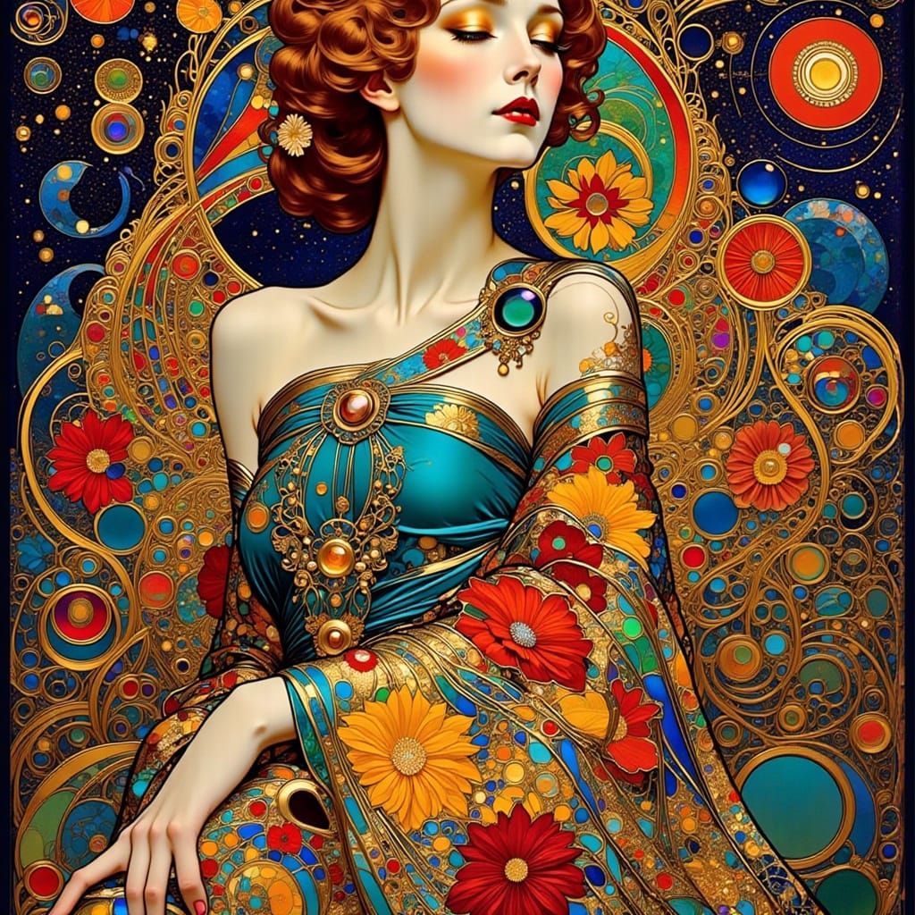 Psychedelic Art Nouveau Scene with Sparkling Effects