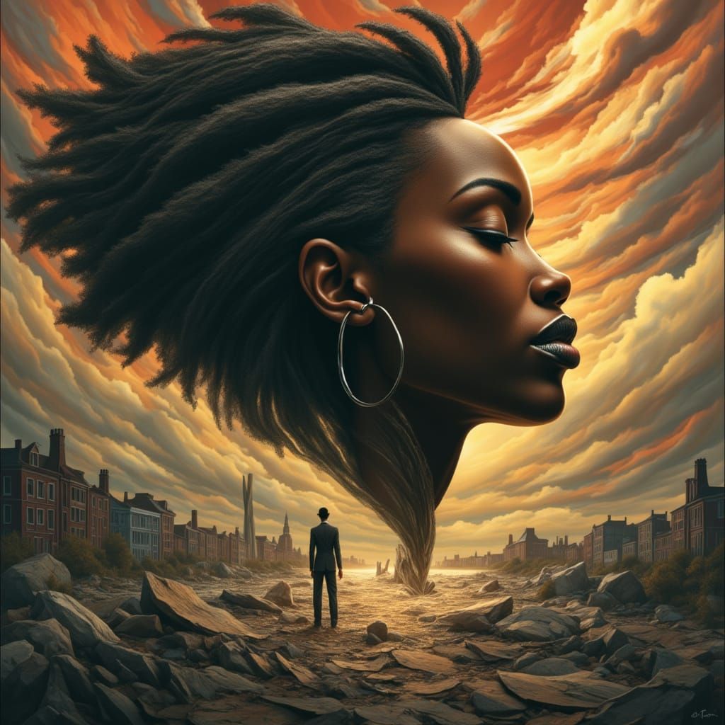 Black Woman's Face Merged with Landscape in Surreal Art