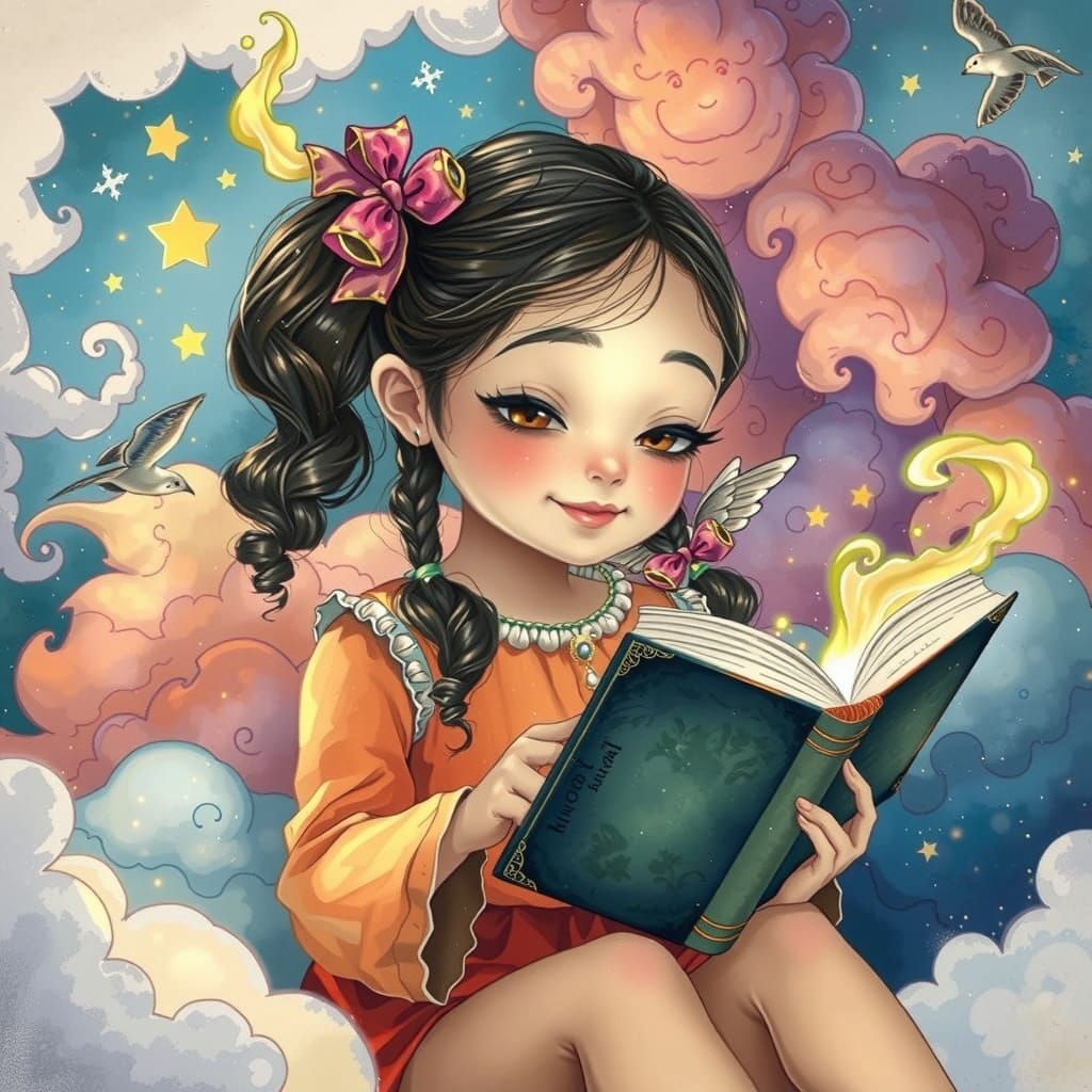 Girl Reading Fairy Tale Book in Cozy Library