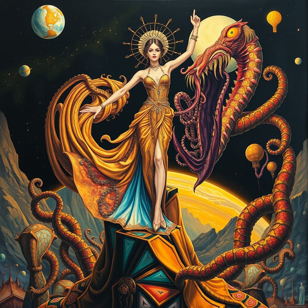 Ethereal Goddess Battles Cosmic Monster in Dreamlike Planet