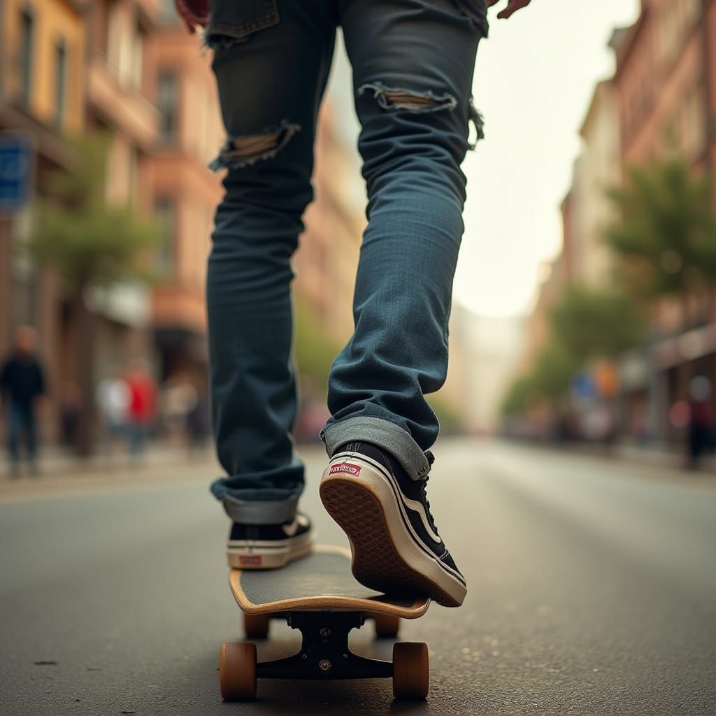 Skateboarder in Vans, Photorealistic Urban Scene