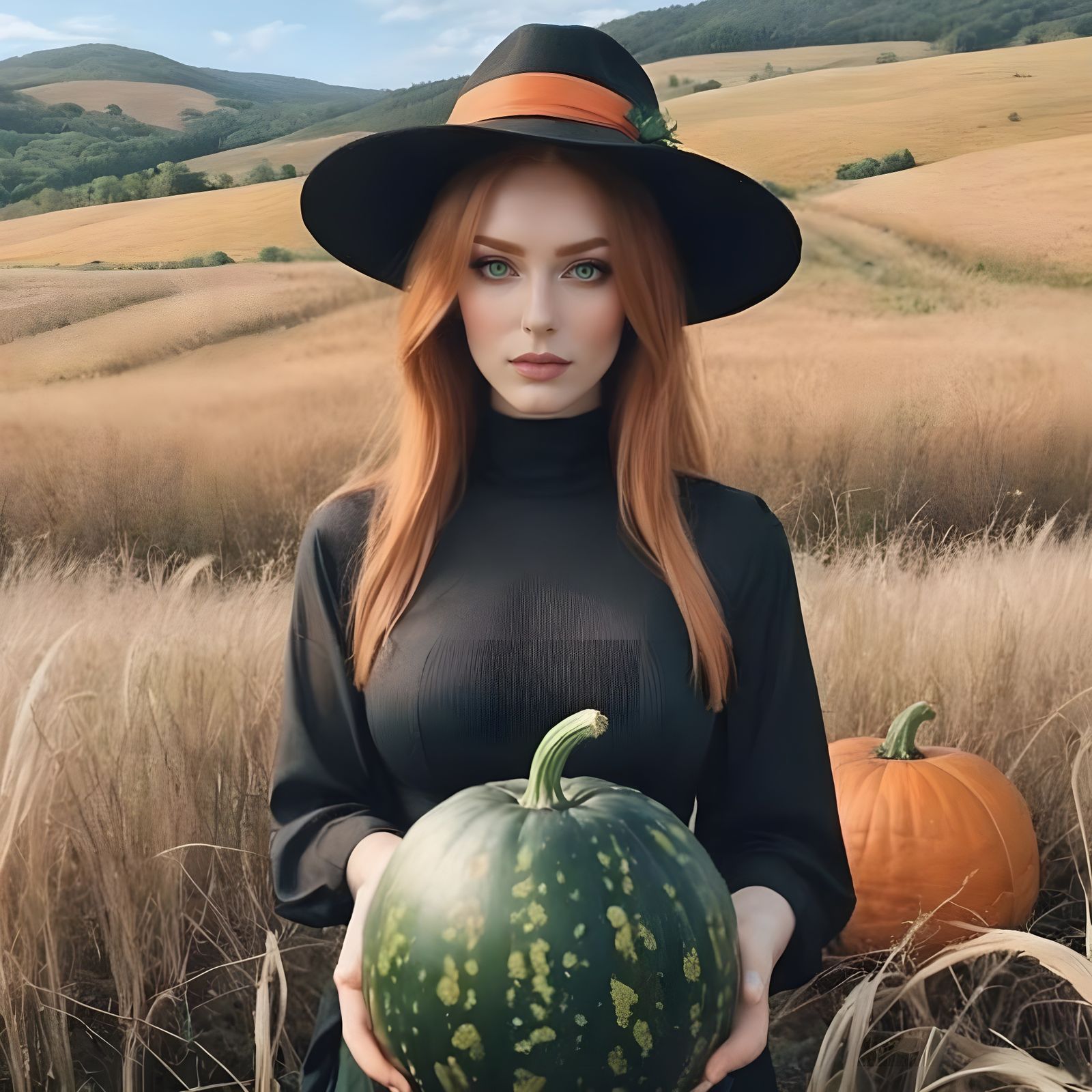 Enigmatic Woman with Red Hair and Green Eyes