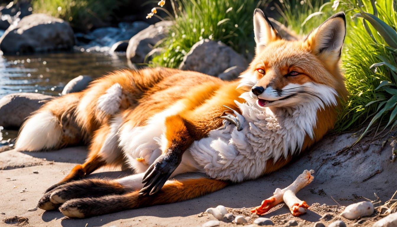 Relaxed Fox Lounging by River After Dinner