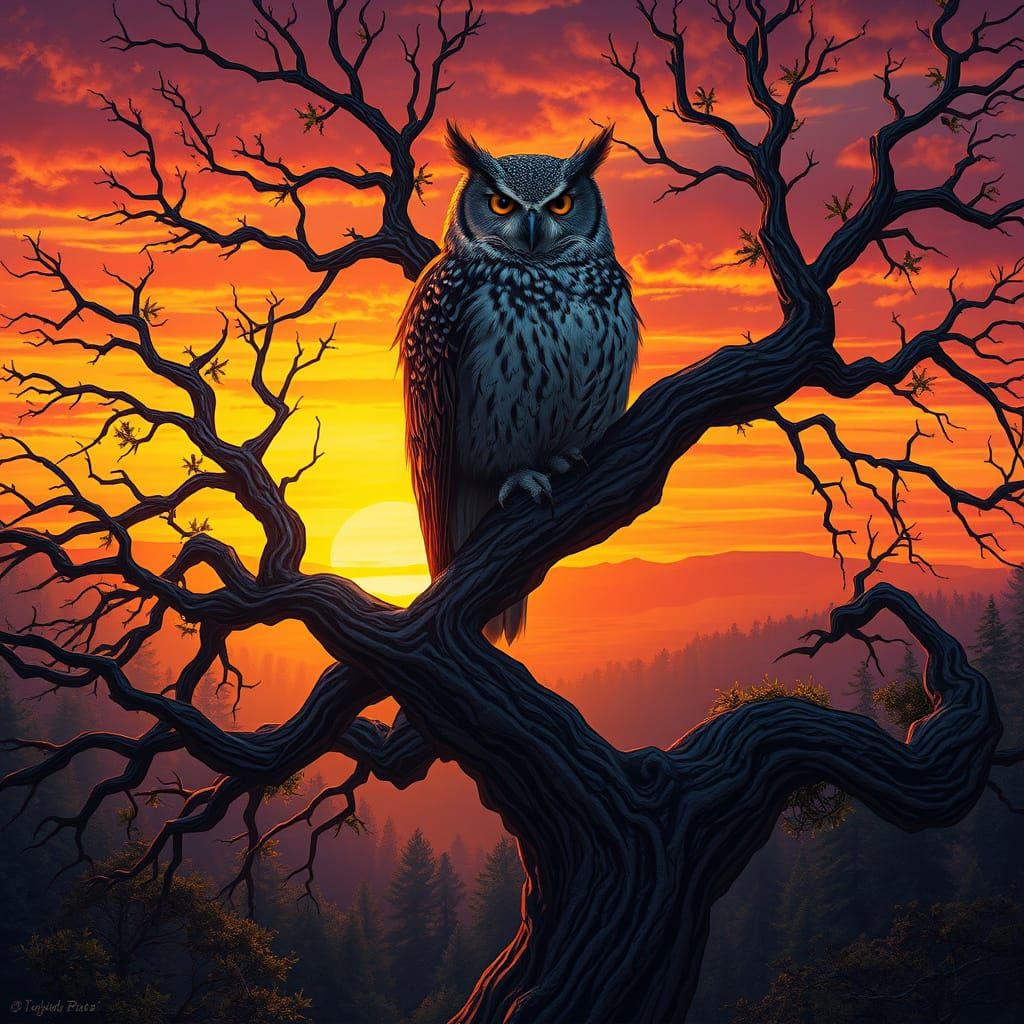 Majestic Owl in Sunset Forest Scene, Inspired by Concept Art