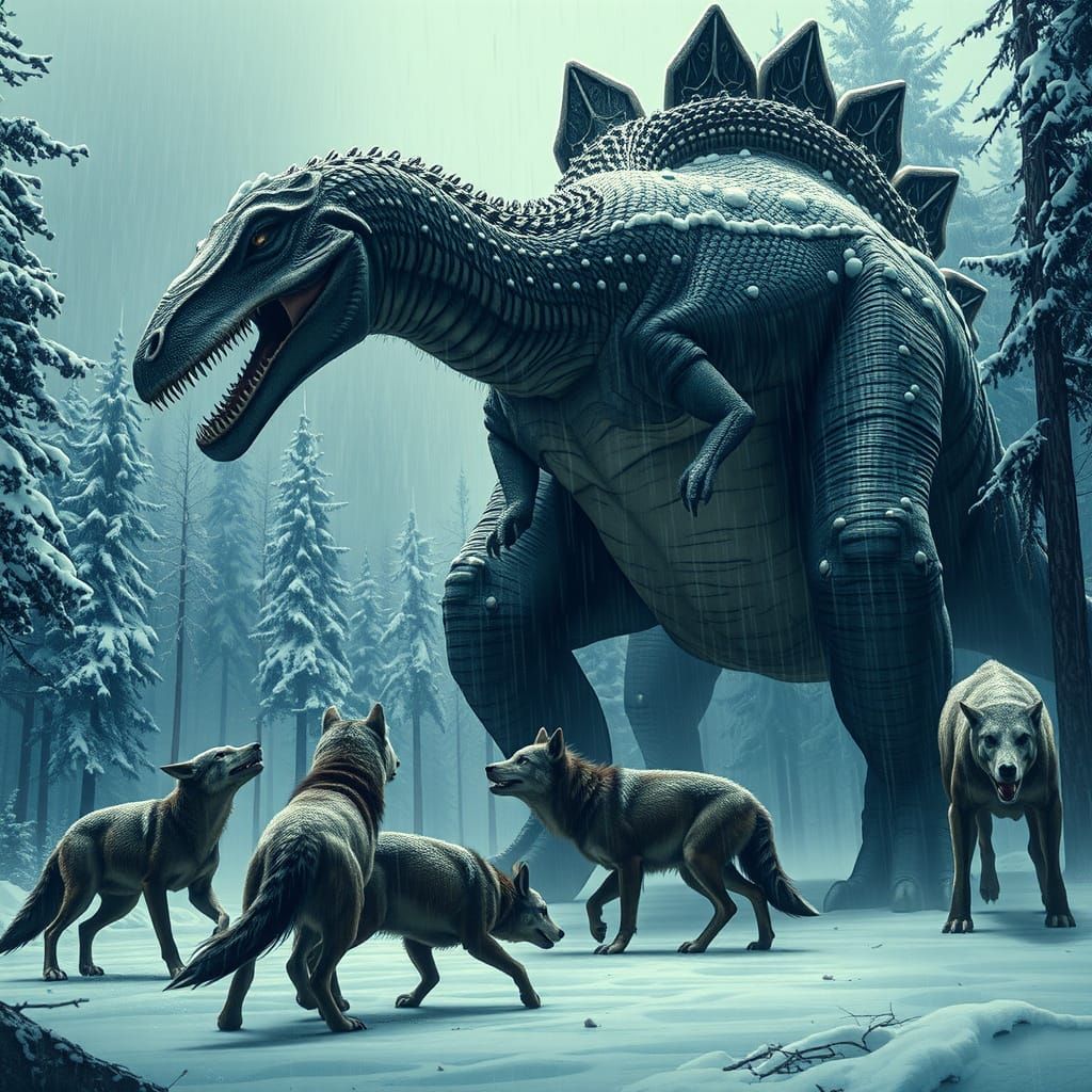 Spinosaurus Defends Against Wolves in Winter Forest