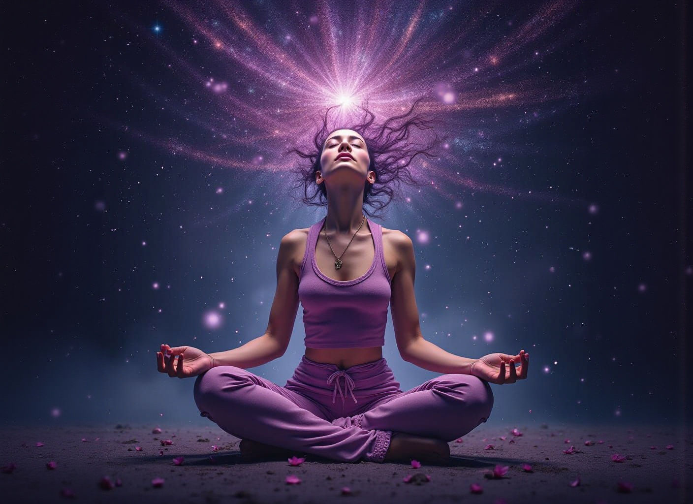 Empowered Woman Meditates, Connected to Multiverse