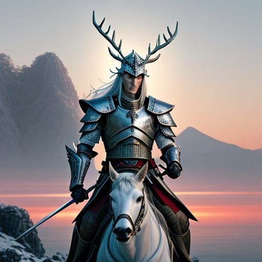 Elven Deer Cavalry Archer in Samurai Armor at Sunset