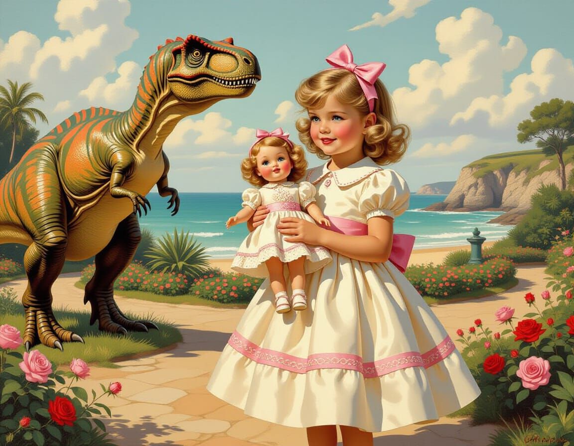 Girl with Doll in Dinosaur Park, Vintage Style