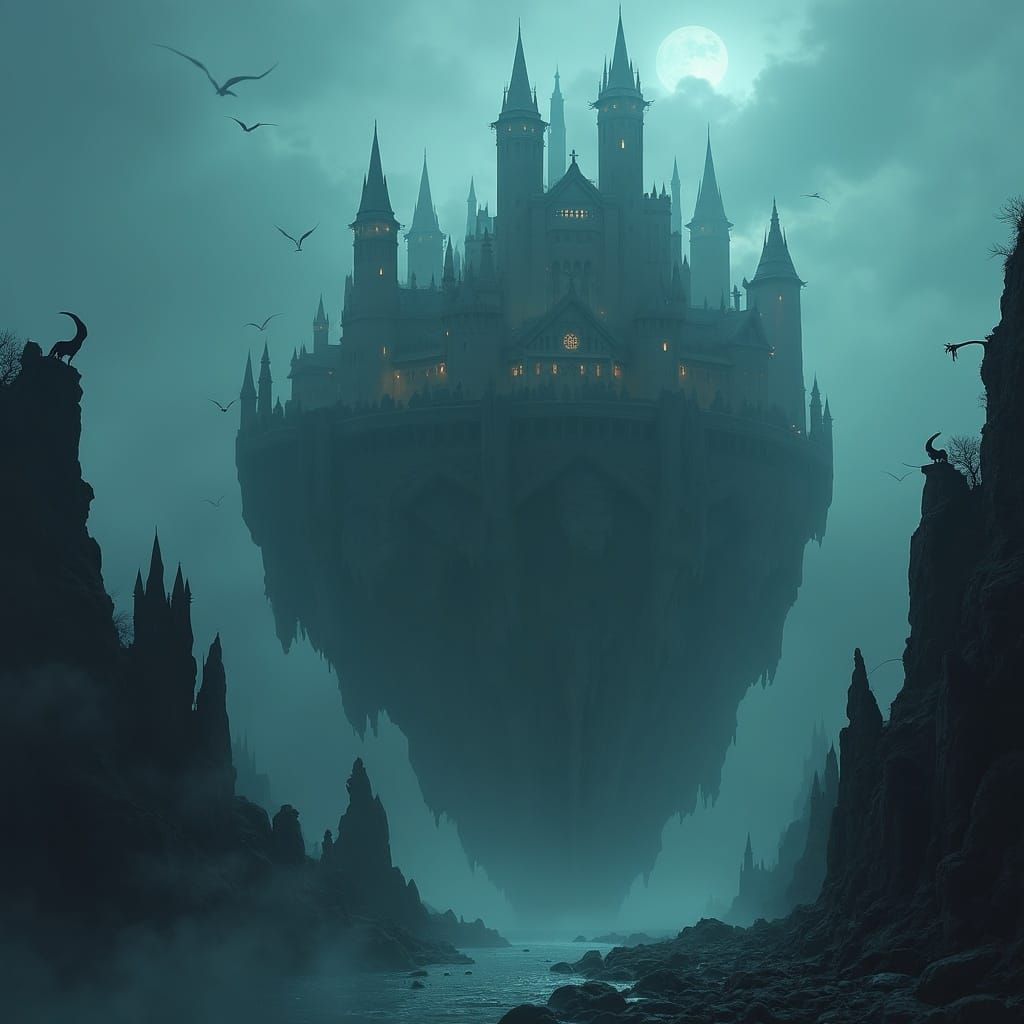 Gothic Cityscape on Floating Rocks Under Twilight