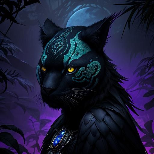 Black Panther and Quetzal Bird in Surreal Jungle