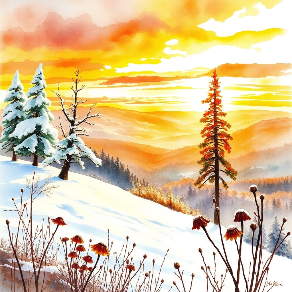 Vibrant Watercolor Winter Landscape at Autumn Sunset