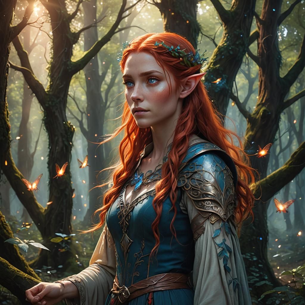 Elf Girl with Blue Eyes in Fairytale Forest