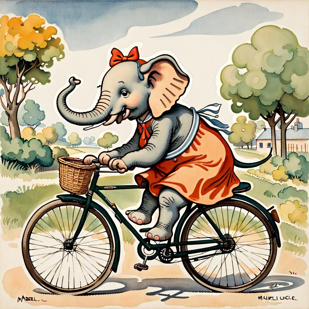 Elephant Rides Bicycle in Mabel Lucie Attwell Style