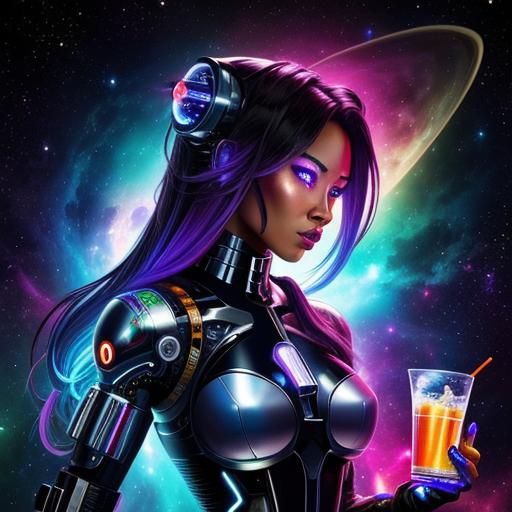 Hyperdetailed Cyborg Bartender in Galactic Space