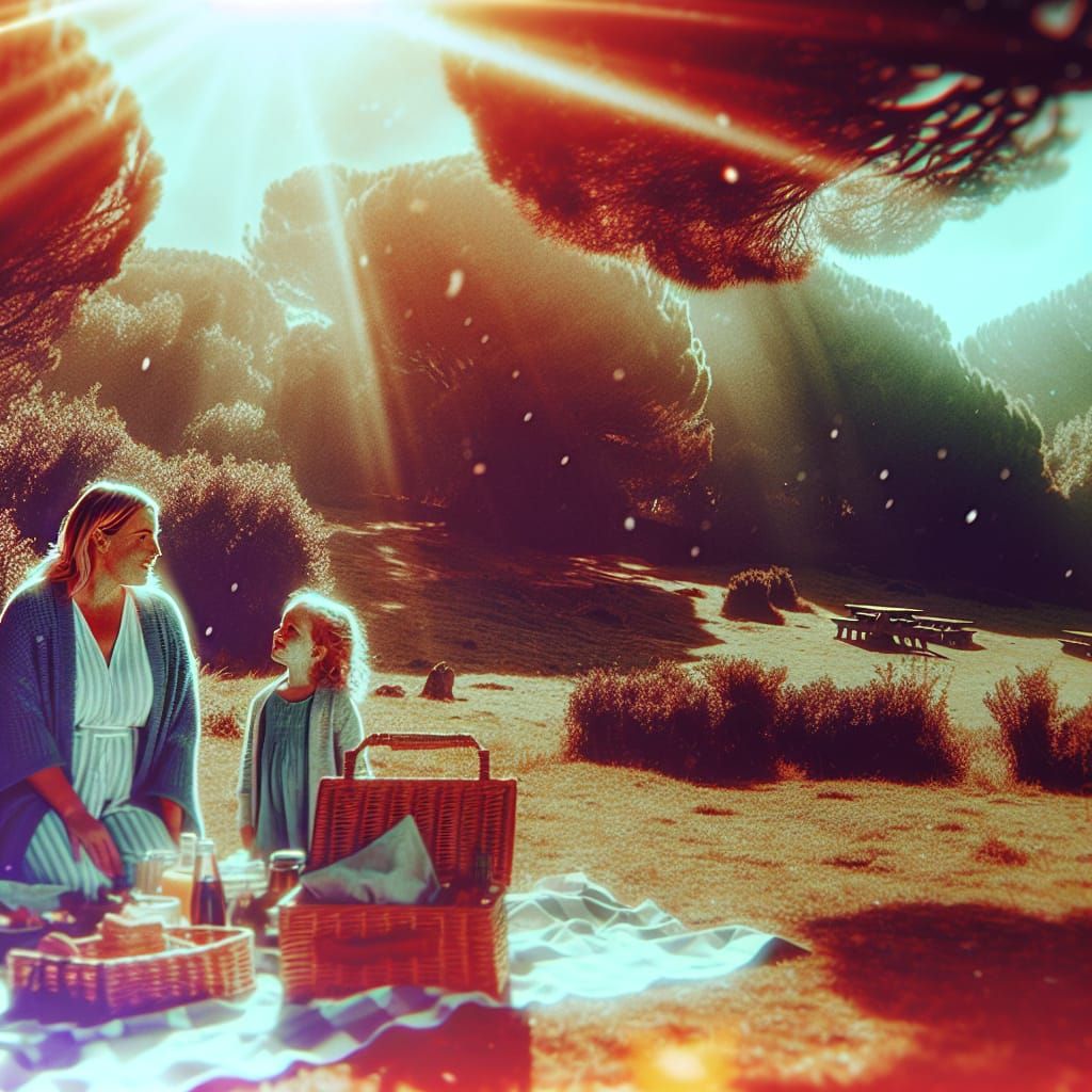 Mother and Daughter's Sunny Picnic: Hyper-Realistic Film Sti...