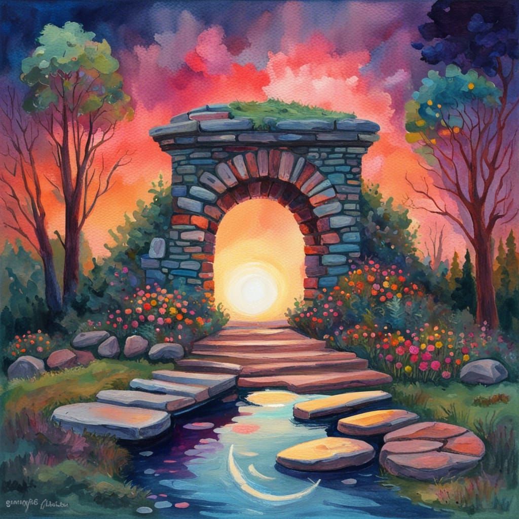 Vibrant Fairy Moongate at Dusk in Gouache Style