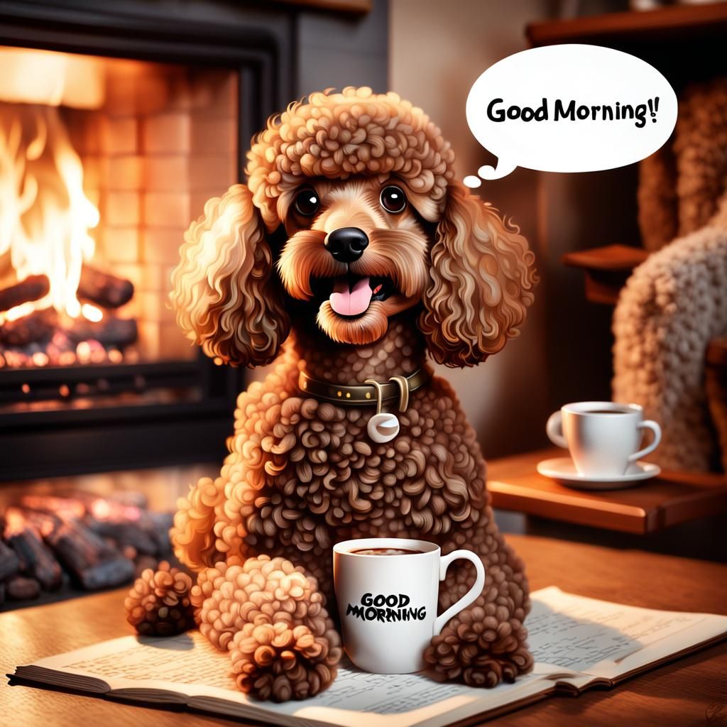 Brown Poodle with Coffee in Cozy Room