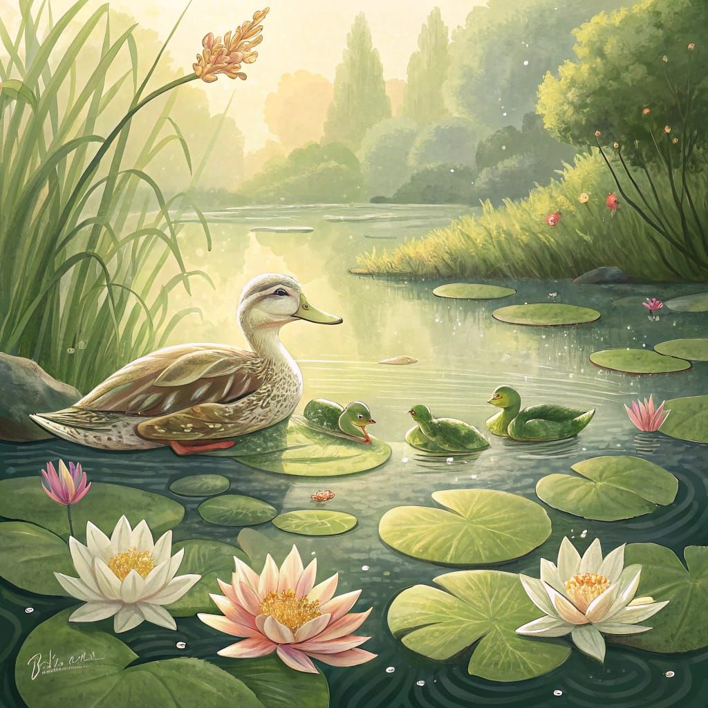 A Serene Duck in a Lush Pond Scene, Inspired by Impressionis...