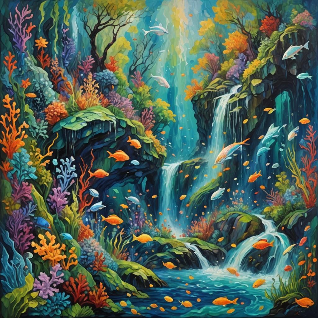 Underwater Falls with Magical Creatures in Expressionist Oil