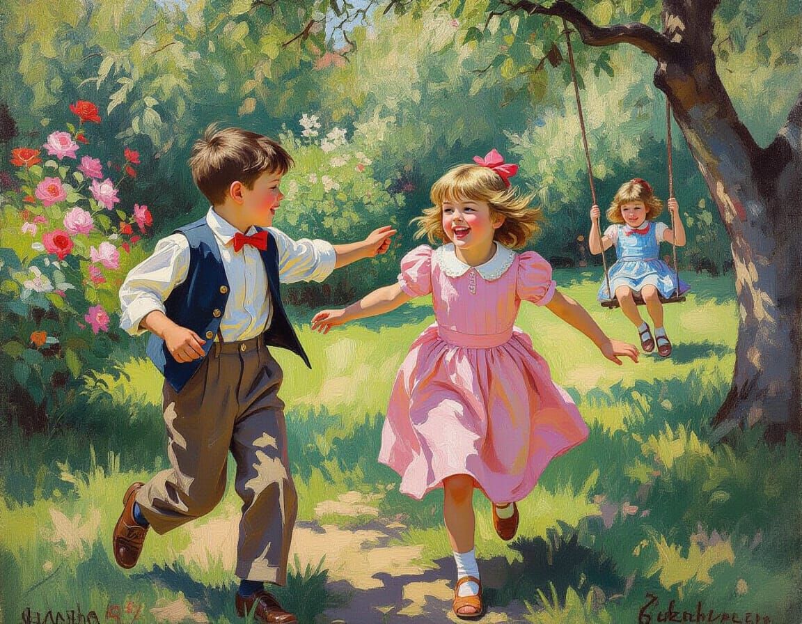 Impressionistic Oil Painting of Children Playing in Garden