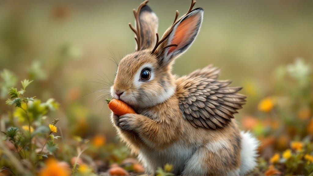 Hare with Antlers and Wings in Field, Detailed Fantasy Art