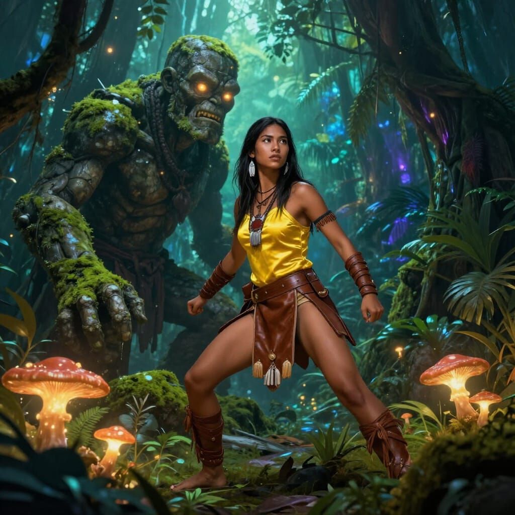 Native Warrior Girl Faces Awakening Stone Golem