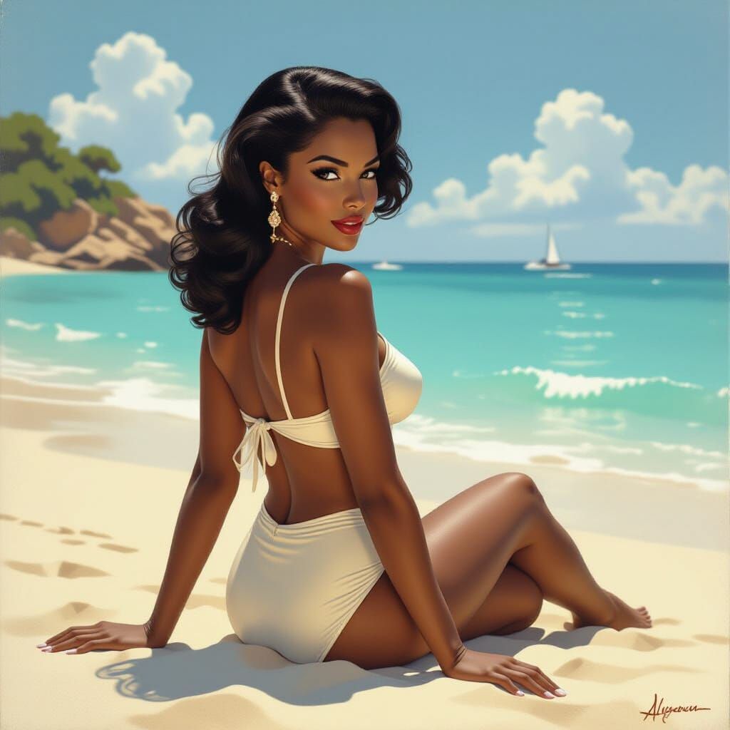 Glamorous Woman on Sunny Beach in Pin-Up Style