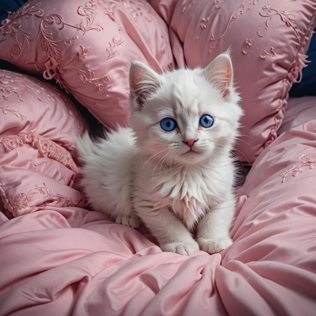 Fluffy White Kitten with Blue Eyes on Pink Bed