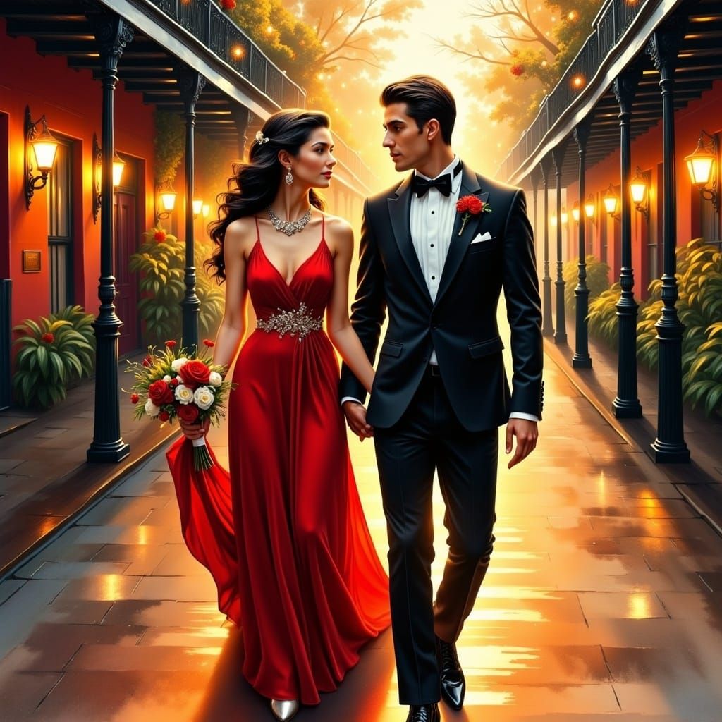 Elegant Couple Strolls Bourbon Street in Romantic Ink Drawin...