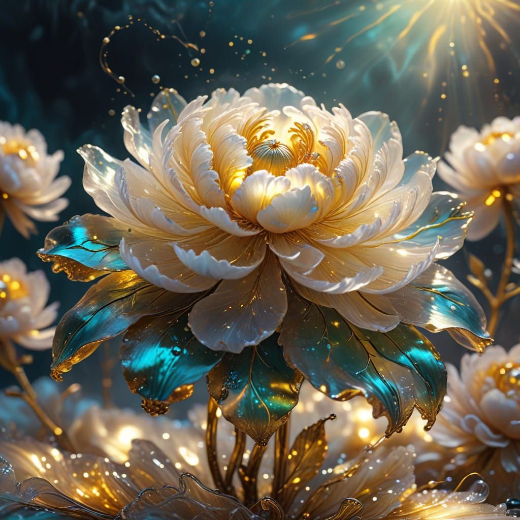 Glowing Peony in Turquoise Bioluminescent Liquid, Ethereal F...
